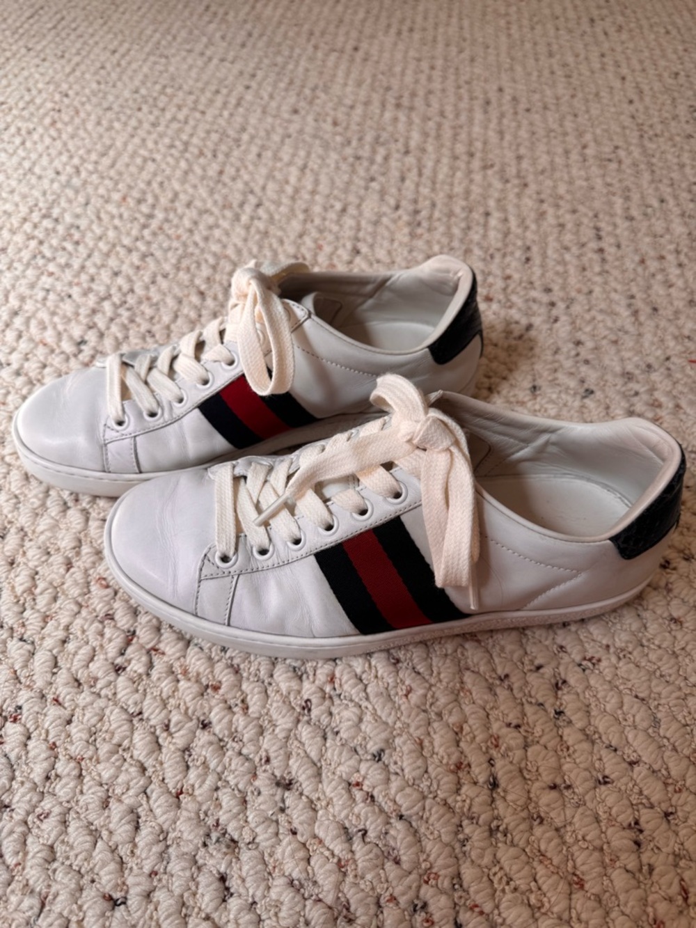 Gucci Ace White Leather Sneakers with Red & Navy Stripe